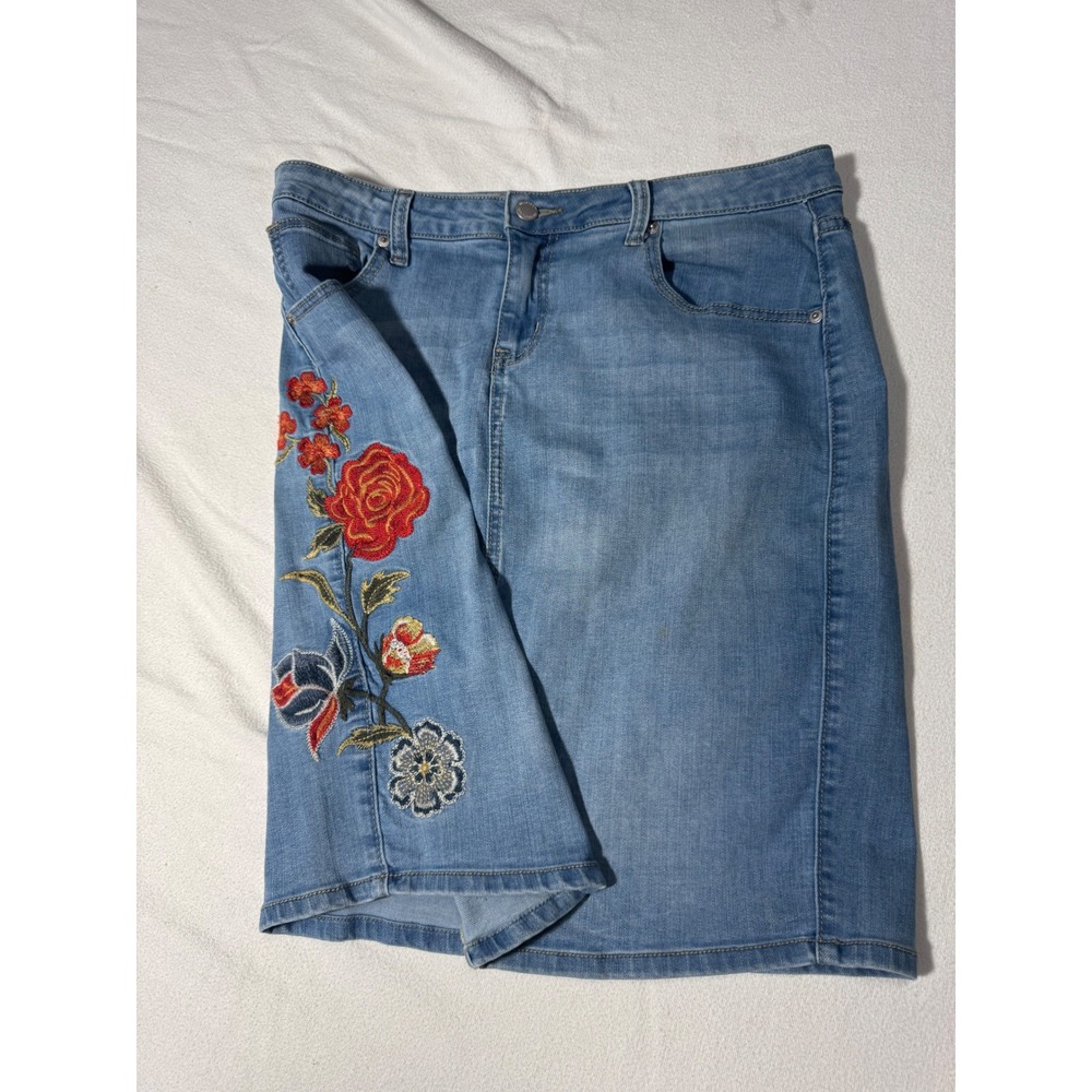 Blue Denim Pencil Skirt with Floral Rose Embroidery Light Wash Mid Length